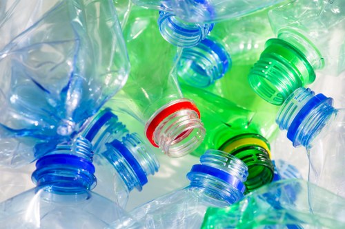 A close-up image of numerous used plastic beverage bottles with various coloured caps, including blue, green, red, and black, piled together. The bottles are transparent with visible ridged textures on the caps, showcasing different levels of compression and deformation from use. Some bottles appear partially crushed or flattened, with light reflecting off their surfaces, indicating they are empty. The background is indistinct but suggests a cluttered environment, possibly indicative of waste collection or disposal context relevant to rubbish removal services. The variety of colours and the arrangement underscores the importance of proper recycling and waste management for plastics in the local area, such as Forest Hill. This image highlights the type of waste handled by Commercial Waste Forest Hill in their rubbish removal operations.